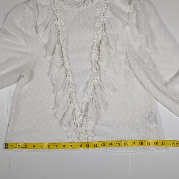 Zara Women’s M White Sheer Polka Dot Lace Ruffle Long Sleeve Blouse Boho Cottage - Picture 7 of 11